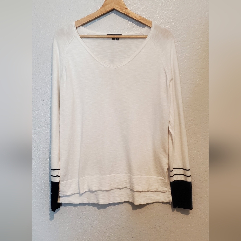 Vince Ivory 100% Soft V Neck Cotton Long Sleeve Tunic Top Black Cuffs Size Small